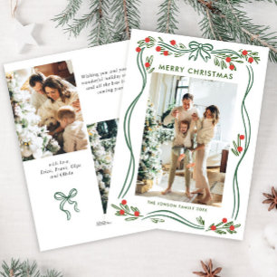 Festive Sage Green Christmas Bow Ribbon 3 Photo Holiday Card