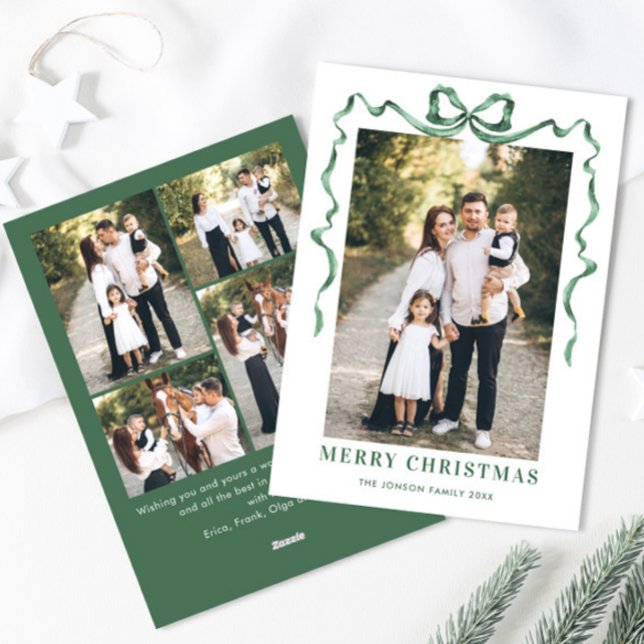Festive Sage Green Christmas Bow Ribbon 5 Photo Holiday Card (Creator Uploaded)