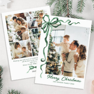 Festive Sage Green Christmas Bow Ribbon 5 Photo Holiday Card