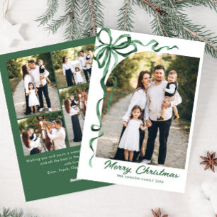 Festive Sage Green Christmas Bow Ribbon 5 Photo Holiday Card