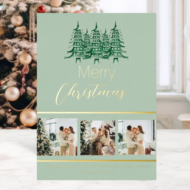 Festive Sage Green Christmas Pagoda Tree  (Festive Sage Green Christmas Pagoda Tree Foil Holiday Card)