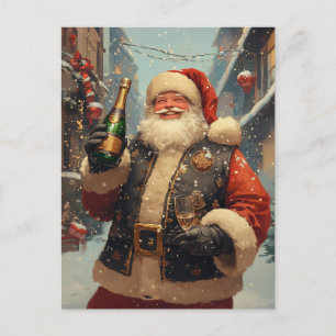 Festive Santa Celebrating with Champagne Holiday Postcard
