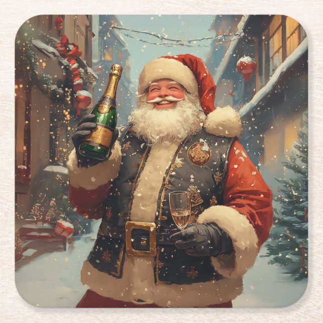 Festive Santa Celebrating with Champagne Square Paper Coaster (Front)
