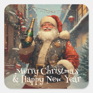 Festive Santa Celebrating with Champagne Square Sticker