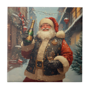 Festive Santa Celebrating with Champagne Tile