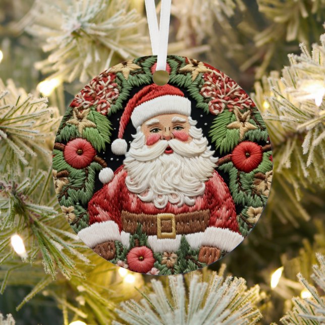Festive Santa Christmas Holidays Faux Embroidered Metal Tree Decoration (Insitu)