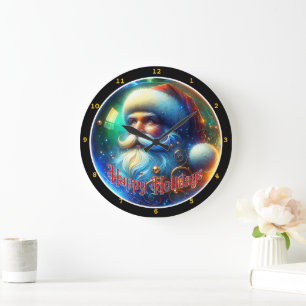 Festive Santa Claus and a Colourful Happy Holidays Large Clock