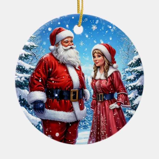 Festive Santa Claus and Mrs. Claus Ceramic Tree Decoration (Front)