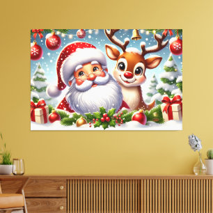 Festive Santa Claus and Reindeer in SnowyChristmas Canvas Print