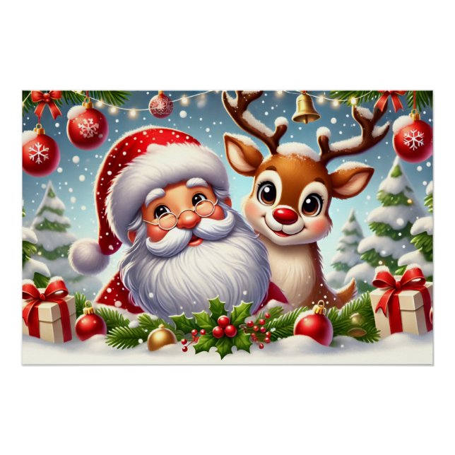 Festive Santa Claus and Reindeer in SnowyChristmas Poster (Front)