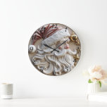 Festive Santa Claus carving adorned with ornaments Large Clock<br><div class="desc">A beautifully crafted relief of Santa Claus,  featuring intricate details in his beard and rosy cheeks,  captures the spirit of the holiday season.</div>