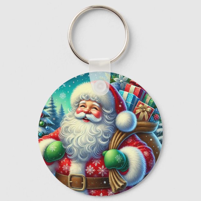 Festive Santa Claus Holding a Gift Sack Key Ring (Front)
