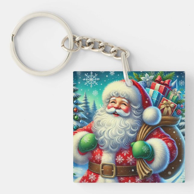 Festive Santa Claus Holding a Gift Sack Key Ring (Front)