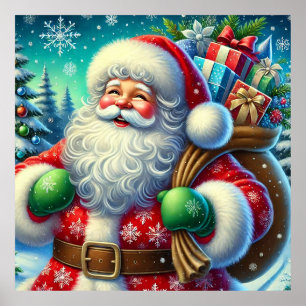 Festive Santa Claus Holding a Gift Sack Poster