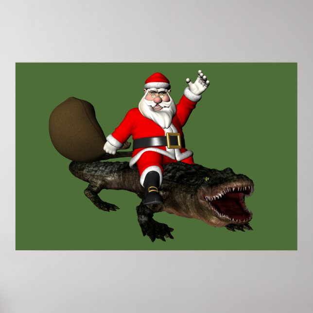 Festive Santa Claus Riding An Alligator Poster (Front)