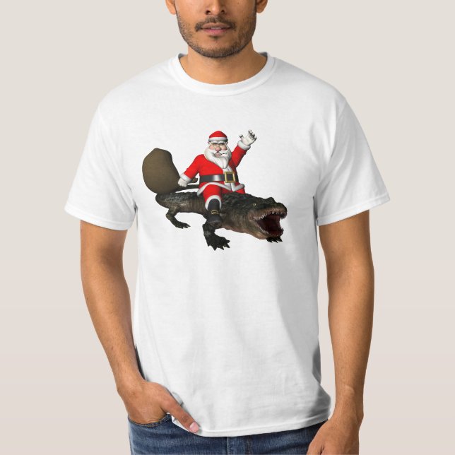 Festive Santa Claus Riding An Alligator T-Shirt (Front)