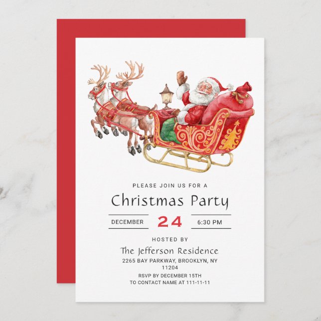 Festive Santa Claus Sleigh Holiday Christmas Party Invitation (Front/Back)