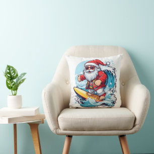 Festive Santa Claus Surfing Christmas Waves Cushion