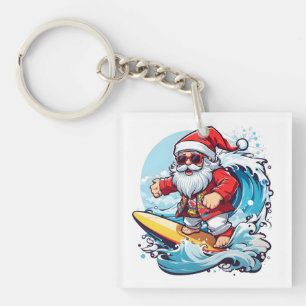Festive Santa Claus Surfing Christmas Waves Key Ring