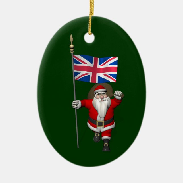 Festive Santa Claus With Flag Of The UK Ceramic Tree Decoration (Front)