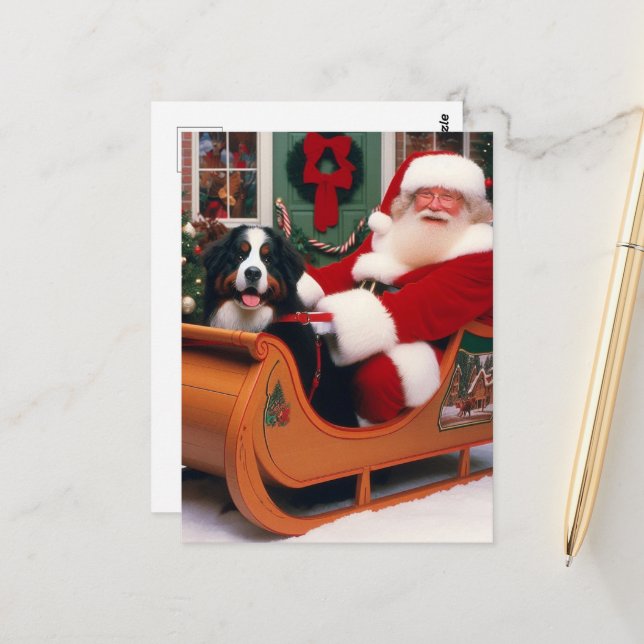 Festive Santa Delivers a Bernese Mountain Dog Postcard (Front/Back In Situ)