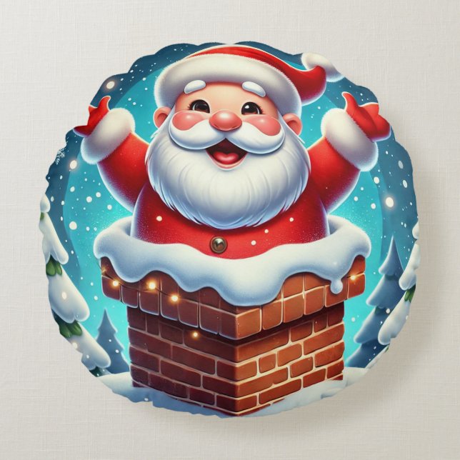 Festive Santa Emerging from Chimney Round Cushion (Front)