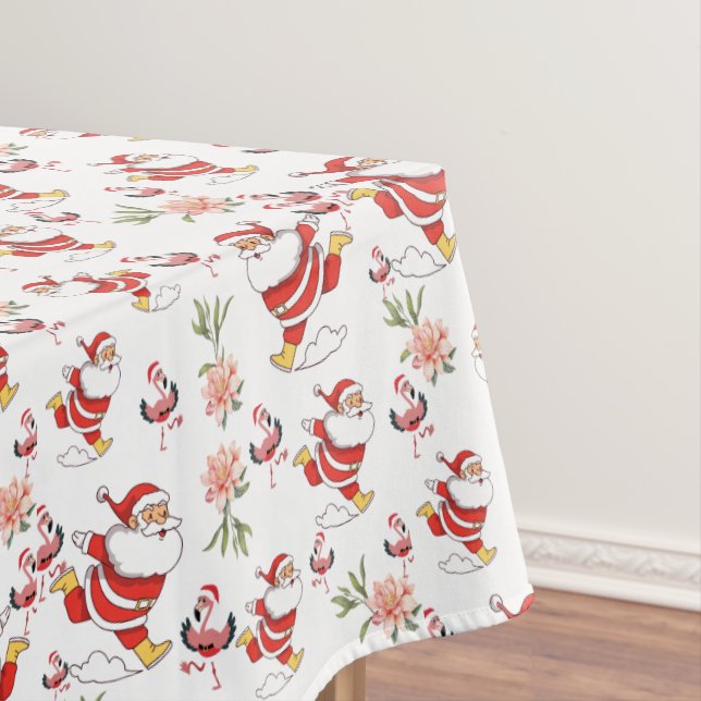 Festive Santa, Flamingo & Pink Floral Pattern Tablecloth (In Situ)