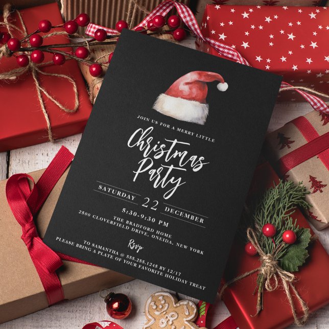 Festive Santa Hat Black Christmas Party Invitation (Creator Uploaded)