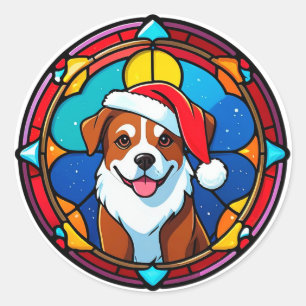 Festive Santa Hat Dog Cartoon Classic Round Sticker