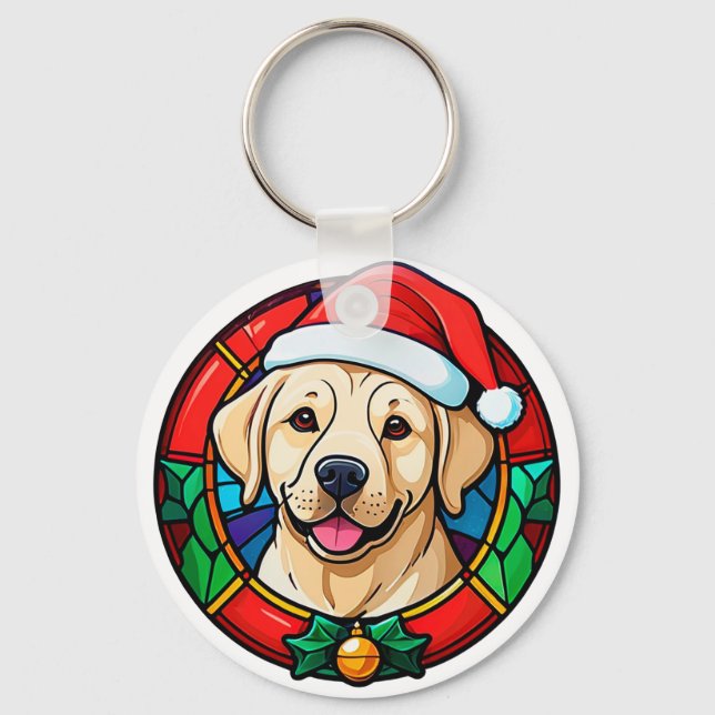 Festive Santa Hat Dog Cartoon Key Ring (Front)