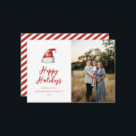 Festive Santa Hat Photo Holiday Card<br><div class="desc">Festive watercolor Santa hat,  holiday photo card. Features,  red typography with coordinating stripe pattern backing.</div>