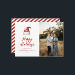 Festive Santa Hat Photo Holiday Card<br><div class="desc">Festive watercolor Santa hat,  holiday photo card. Features,  red typography with coordinating stripe pattern backing.</div>