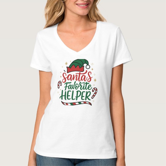 Festive Santa Helper Christmas Women V-Neck T-Shir T-Shirt (Front)