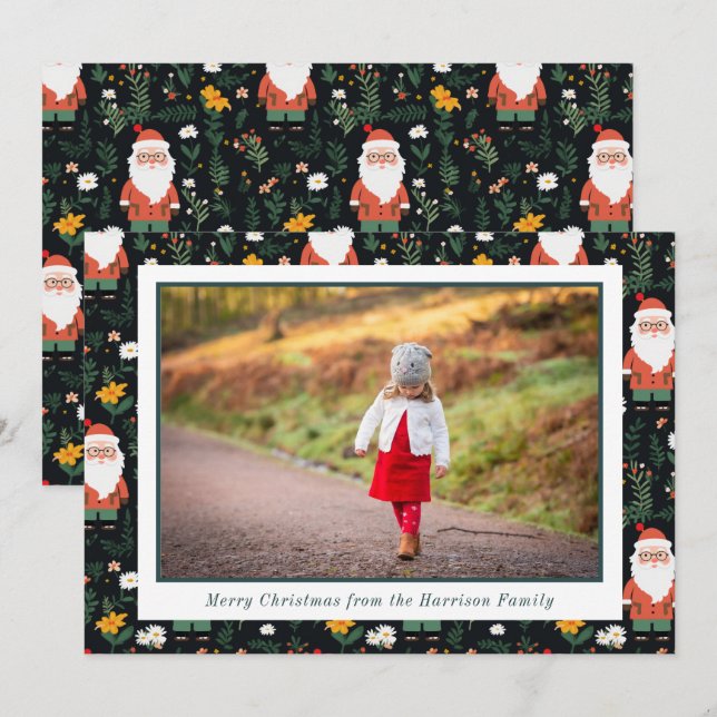 Festive Santa Pattern Christmas Photo Holiday Card (Front/Back)