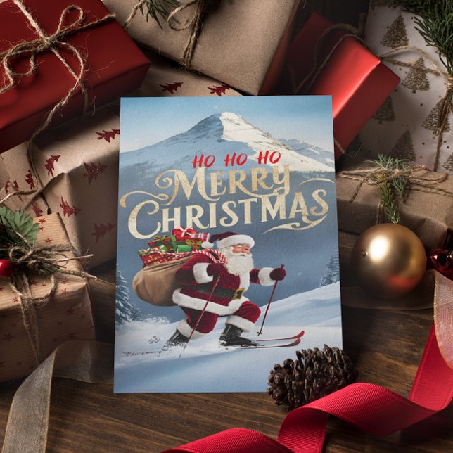 Festive Santa Swooshing Down Snowy Slopes Postcard (Creator Uploaded)