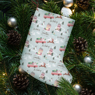 Festive Santa's Comin' To Town Pink Retro Van Small Christmas Stocking