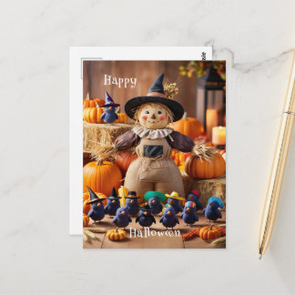 Festive Scarecrow and Pumpkin Patch Halloween Postcard