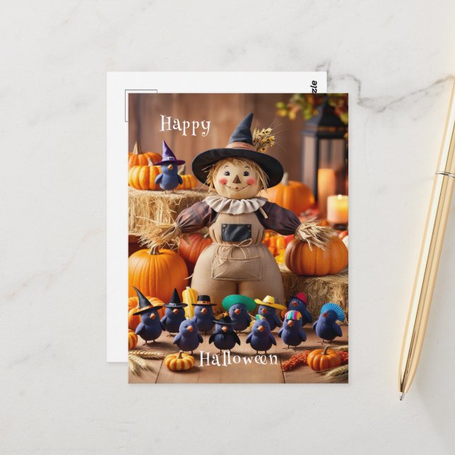 Festive Scarecrow and Pumpkin Patch Halloween  Postcard (Front/Back In Situ)