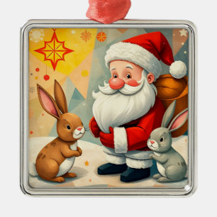 Festive Scene of Santa Claus with Adorable Rabbits Metal Tree Decoration
