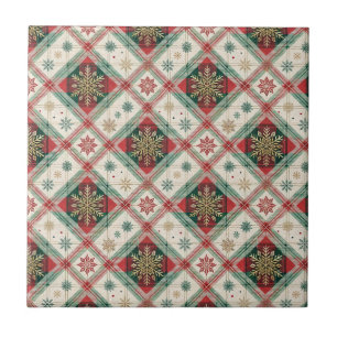 Festive Scottish Tartan Plaid Snowflake Pattern Tile
