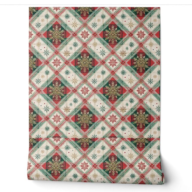 Festive Scottish Tartan Plaid Snowflake Pattern Wallpaper (Unrolling)
