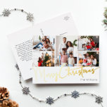 Festive Script Five-Photo Merry Christmas Gold Foil Holiday Postcard<br><div class="desc">Celebrate the season with this festive script five-photo Merry Christmas gold foil holiday postcard featuring a touch of elegant charm. The chic design showcases a simple gold-and-white colour palette, evoking the cosy spirit of winter. Its modern and unique appeal and rustic wording create a perfect balance between seasonal and contemporary....</div>