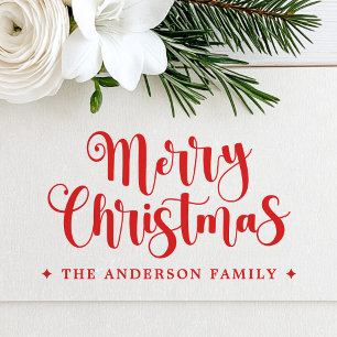 Festive script Merry Christmas custom name Rubber Stamp