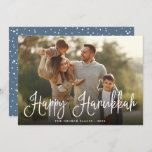 Festive Script Overlay Hanukkah Photo Holiday Card<br><div class="desc">Simple and chic Hanukkah photo card features your favourite family photo overlaid with "Happy Hanukkah" in white modern script lettering. Personalise with your family name and the year along the bottom. Cards reverse to a snow and stars pattern in dusty slate blue and white.</div>