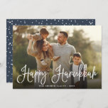 Festive Script Overlay Hanukkah Photo Holiday Card<br><div class="desc">Simple and chic Hanukkah photo card features your favourite family photo overlaid with "Happy Hanukkah" in white modern script lettering. Personalise with your family name and the year along the bottom. Cards reverse to a snow and stars pattern in dusty navy blue and white.</div>