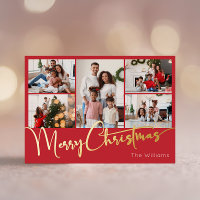 Festive Script Red Five-Photo Merry Christmas Gold