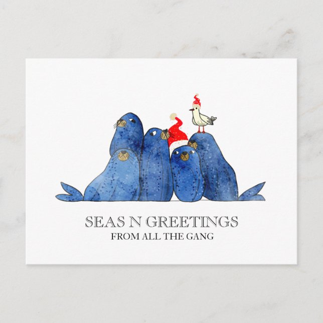 Festive Sea Lions Seas n Greetings Watercolor Holiday Postcard (Front)