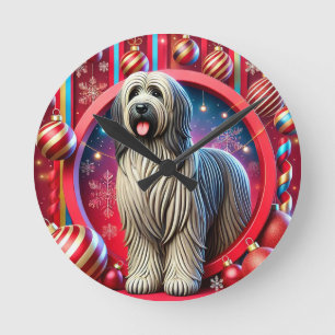 Festive Shaggy Dog With Christmas Decorations Round Clock