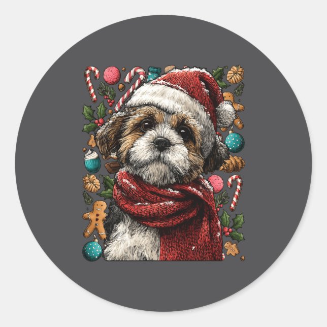 Festive Shih Tzu With Santa Hat Snowy Winter Chris Classic Round Sticker (Front)