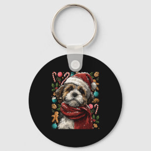 Festive Shih Tzu With Santa Hat Snowy Winter Chris Key Ring